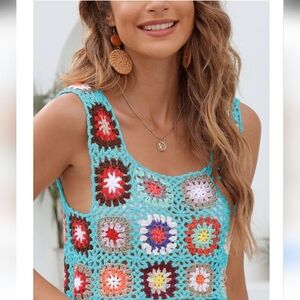 Le Lis Granny Square Crochet Multicolor Tank Top NWT